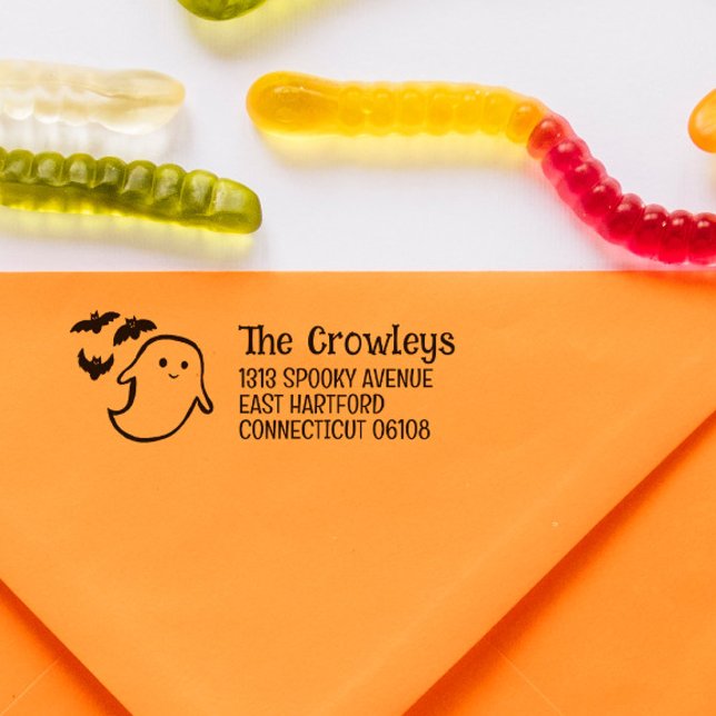 Carimbo Auto Entintado Endereço de Retorno de Halloween do Fantasma & Bat (Criador carregado)