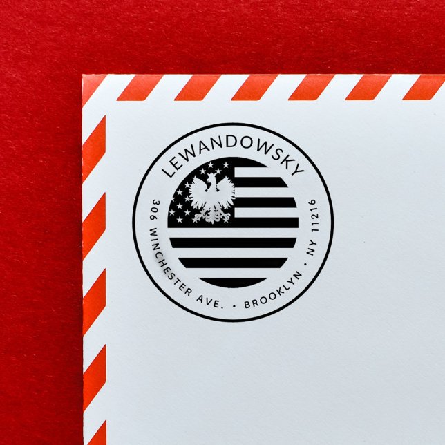 Carimbo Auto Entintado Endereço de retorno patriótico polonês-americano (Polish - American Eagle USA Flag Patriotic Return Address Stamp. Perfect to celebrate 4th of July!)
