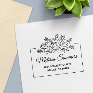 Carimbo Auto Entintado Endereço do Quadro Flores do Buquê Elegante para