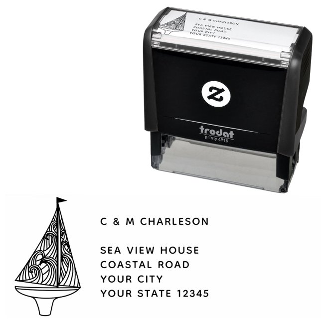 Carimbo Auto Entintado Endereço Personalizado da Embarcação de Navegação (Sail boat and custom boat name sailing personalized address self inking stamp)
