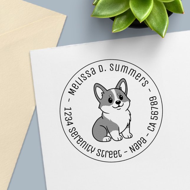 Carimbo Auto Entintado Endereço Redondo de Cachorro Corgi Fofo (Criador carregado)