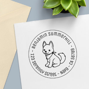 Carimbo Auto Entintado Endereço Redondo de Cachorro Husky Branco Filhote