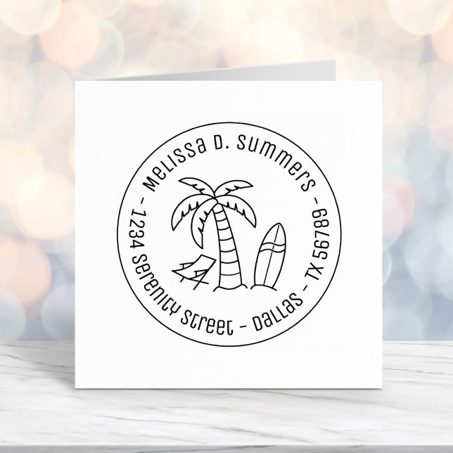 Carimbo Auto Entintado Endereço redondo de palma de férias tropicais (Criador carregado)