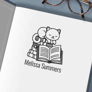 Carimbo Auto Entintado Ex-libris de Gato Fofo Pilha de Livros Nome Person