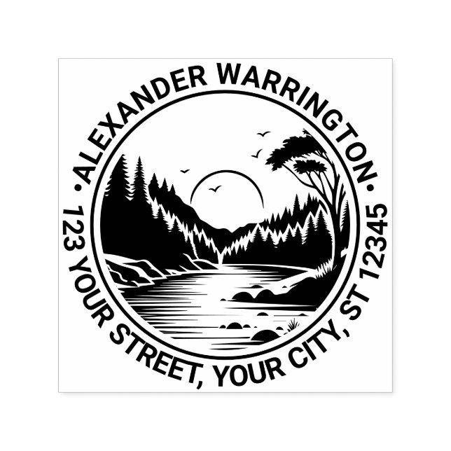 Carimbo Auto Entintado Exterior: River Stream Trees Sun Name Endereço Ret (Design)