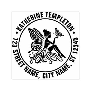Carimbo Auto Entintado Fada Senhora Segurando Borboleta Nome Endereço de 