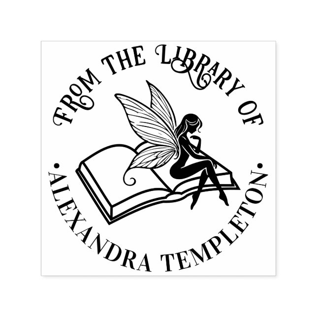 Carimbo Auto Entintado Fairy on Open Book “From the Library of” Name (Design)