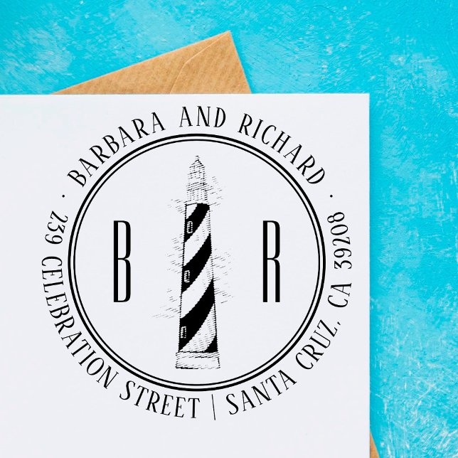 Carimbo Auto Entintado Farol | Iniciais Nomes redondos e Endereço de devo (Criador carregado)