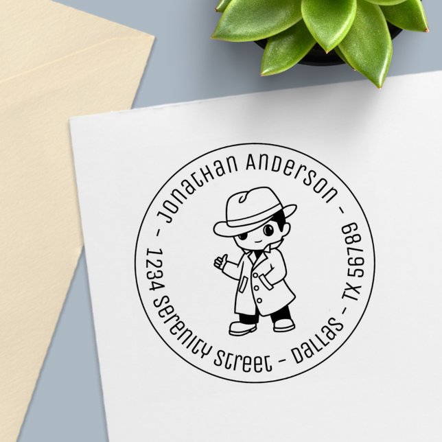 Carimbo Auto Entintado Fedora Hat Trench Man Round Address Self-inki (Criador carregado)