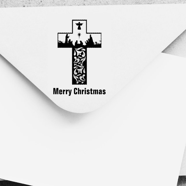 Carimbo Auto Entintado Feliz Natal Natividade Cross Silhouette (Merry Christmas Nativity Cross Silhouette Self-inking Stamp)