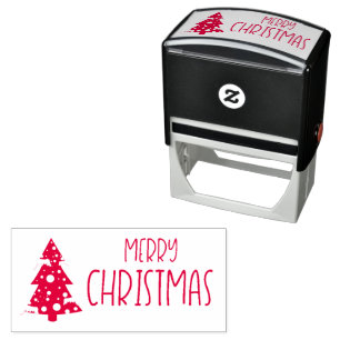 Carimbo Auto Entintado Feliz Texto de Natal com Árvore de Natal Snowy
