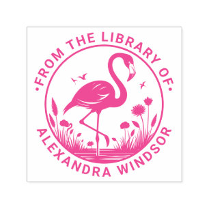 Carimbo Auto Entintado Flamingo em Pé, Nome do Livro da Biblioteca de Flo