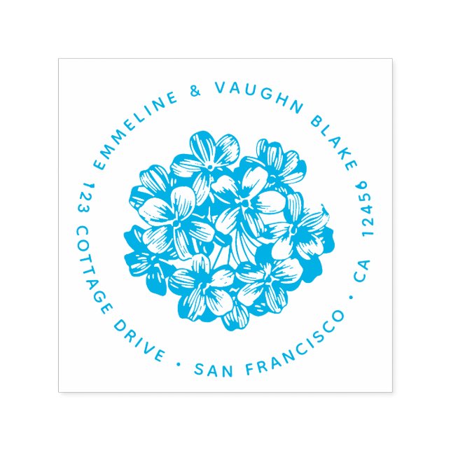 Carimbo Auto Entintado Flor de Hortênsia Azul - Endereço de Devolução Bot (Design)