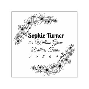 Carimbo Auto Entintado Floral Fllower Personalised Doodles Endereço Carim