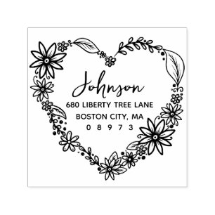 Carimbo Auto Entintado Floral Heart Wreath Family Return Endereço