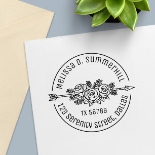 Carimbo Auto Entintado Floral Tribal Arrow Rosa Endereço redondo V2c