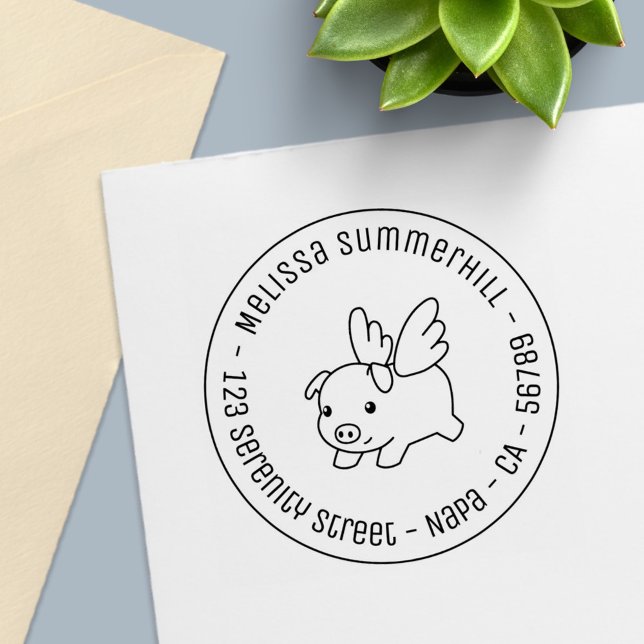 Carimbo Auto Entintado Flying Pig - Piglet with Wings Round Address 1 (Criador carregado)