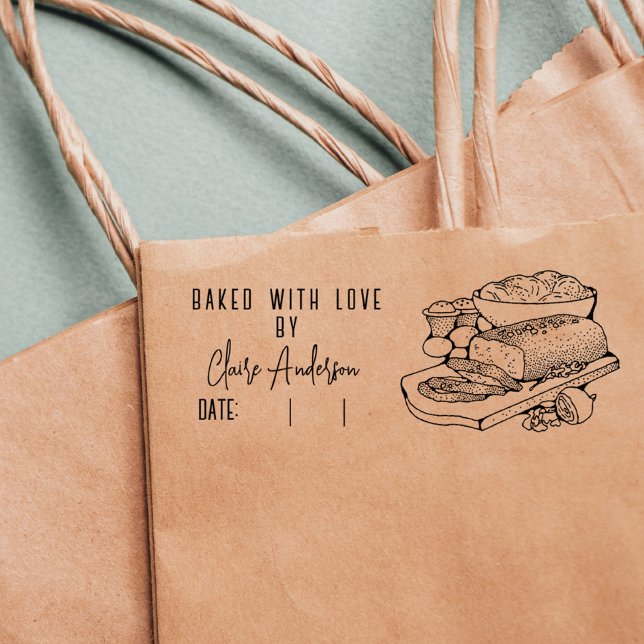 Carimbo Auto Entintado Folha de Nome Personalizado Pão Data Feita Com Amo (Criador carregado)