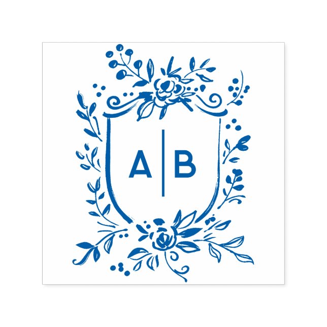 Carimbo Auto Entintado French Blue Botanical Crest Wedding Monogram (Design)