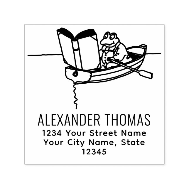 Carimbo Auto Entintado Frog in Row Boat Reading Book Name Return Address (Design)