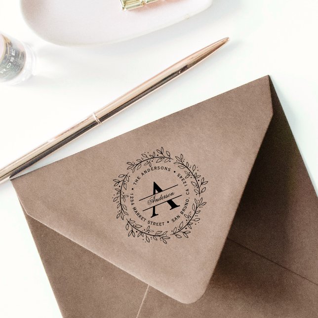 Carimbo Auto Entintado Fuchsia Wreath desenhada à mão | Endereço inicial  (Criador carregado)