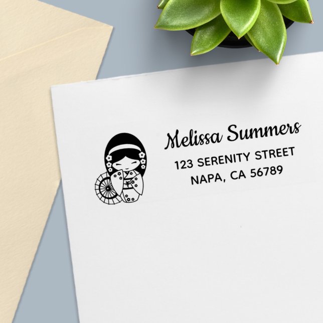 Carimbo Auto Entintado Garota Guarda-chuvas Japonesa no Endereço Kimono (Criador carregado)