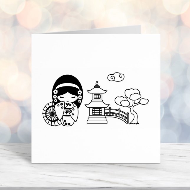 Carimbo Auto Entintado Garota Guarda-chuvas Japonesa no Scrapbook Kimono (Criador carregado)