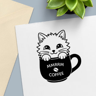 Carimbo Auto Entintado Gato de desenho animado fofo em caneca de café com