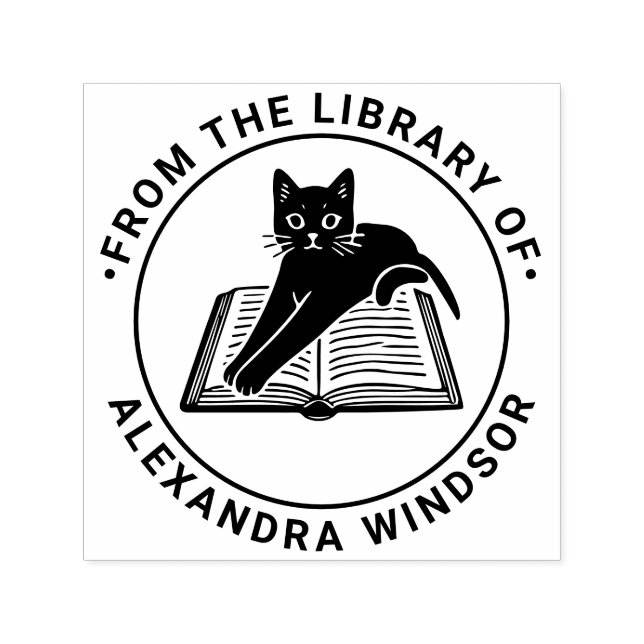 Carimbo Auto Entintado Gato Deitado em Livro Aberto - Nome do Livro da Bi (Design)