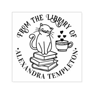 Carimbo Auto Entintado Gato Sentado em Livros #3, Caneca Nome da Bibliote