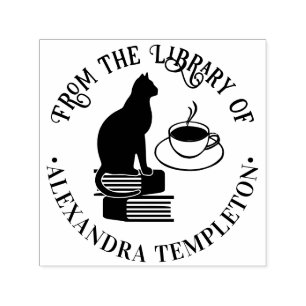 Carimbo Auto Entintado Gato Sentado em Livros, Nome da Biblioteca de Café