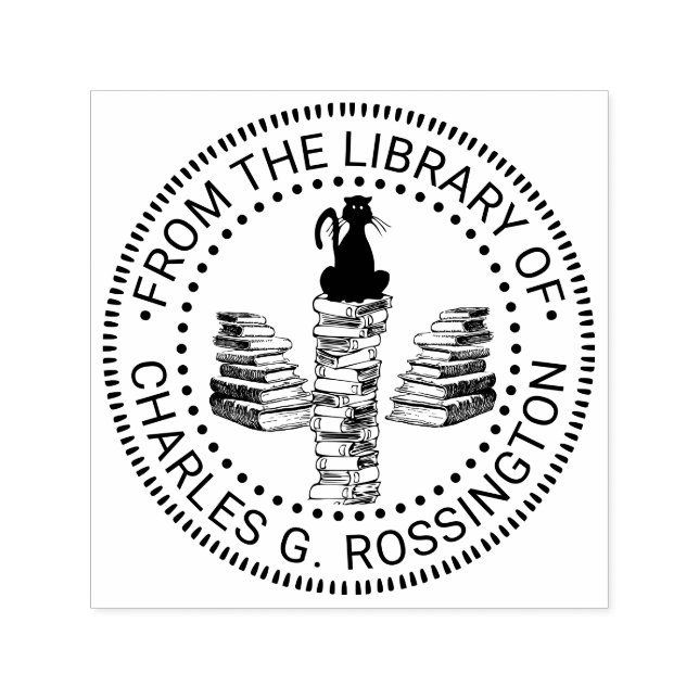 Carimbo Auto Entintado Gato Sentado em Pilha de Livros Alta Nome da Bibli (Design)