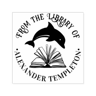 Carimbo Auto Entintado Golfinho Saltando Sobre o Nome da Biblioteca de Li