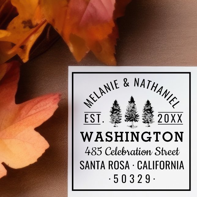 Carimbo Auto Entintado Green Pine Trees Rustic Wedding Endereço de Retorn (Criador carregado)