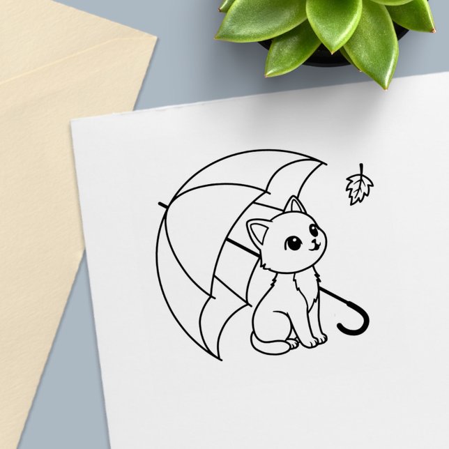Carimbo Auto Entintado Guarda-chuva de folhas de gato fofo (Criador carregado)