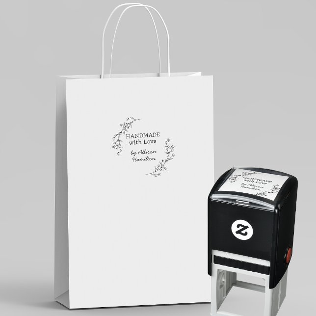 Carimbo Auto Entintado Handmade With Love Doodle Wreath Custom Name (Criador carregado)