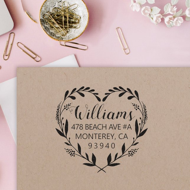 Carimbo Auto Entintado Heart Wreath Wedding Return Endereço (Criador carregado)