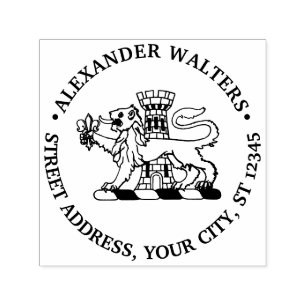 Carimbo Auto Entintado Heraldic Lion Fleur de Lis Castle Endereço Redondo