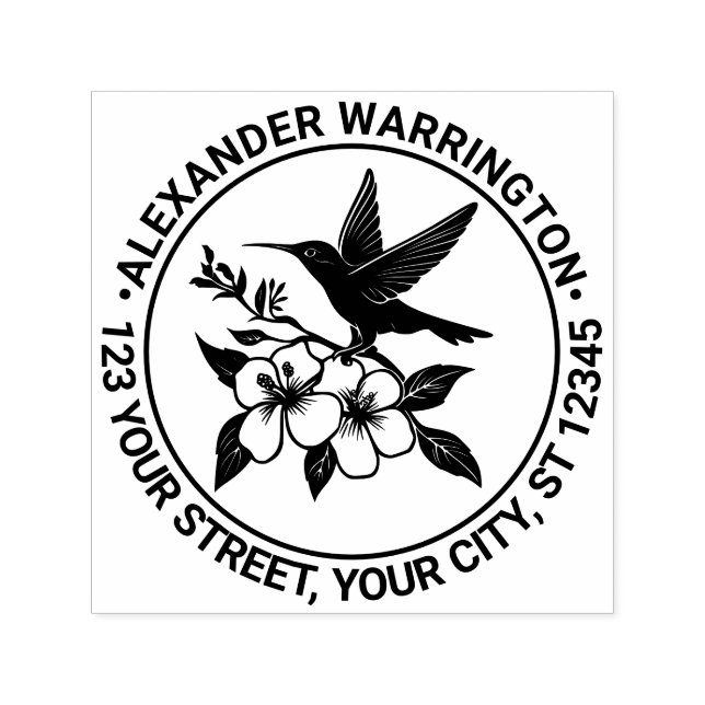 Carimbo Auto Entintado Hummingbird no Nome da Ramificação Floral Endereço (Design)
