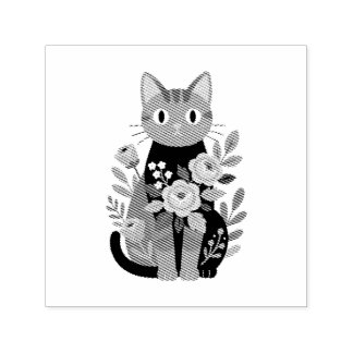 Carimbo Auto Entintado Ilustração de Gato Floral Roxo