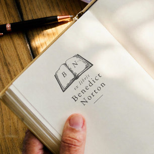 Carimbo Auto Entintado Ilustração de Livro Antigo Letras Maiúsculas Ex Li