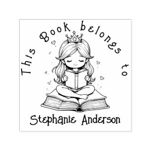 Carimbo Auto Entintado Kawaii Princess Book Reading Crown Hearts Library