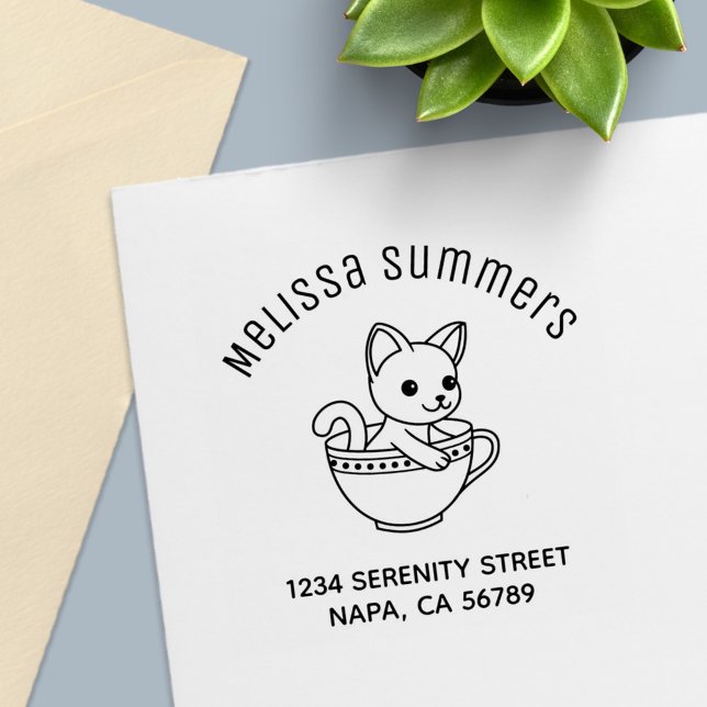 Carimbo Auto Entintado Kitten in a Cup Cat in a Teacup Arch Address (Criador carregado)