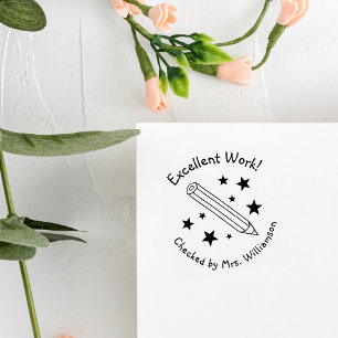 Carimbo Auto Entintado Lápis Amarelo e Estrelas Excelente Professora de T