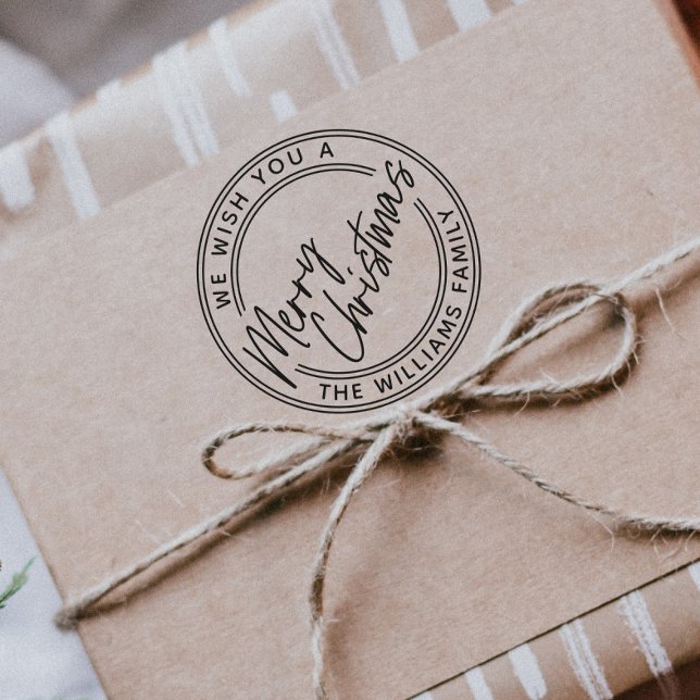 Carimbo Auto Entintado Letras de Script Feliz Natal (Modern hand lettered Merry Christmas self-inking holiday stamp for gifts, cards and envelopes, )