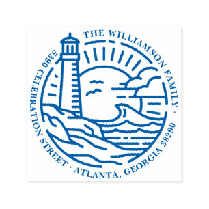 Carimbo Auto Entintado Lighthouse & Sea Round Family Name Endereço de dev