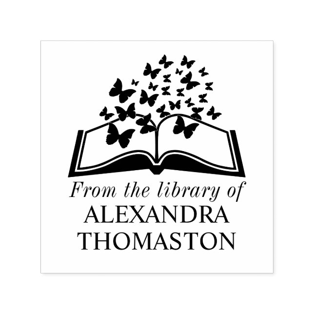 Carimbo Auto Entintado Livro com Borboletas “Da biblioteca de” Nome (Design)