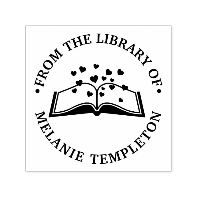 Carimbo Auto Entintado Livro com Corações #1A "Da biblioteca de" Ronda (Design)