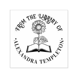 Carimbo Auto Entintado Livro com Girassol “Da biblioteca de” Rodada