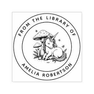 Carimbo Auto Entintado Livro da Biblioteca de Cogumelos Unicorn Dormindo
